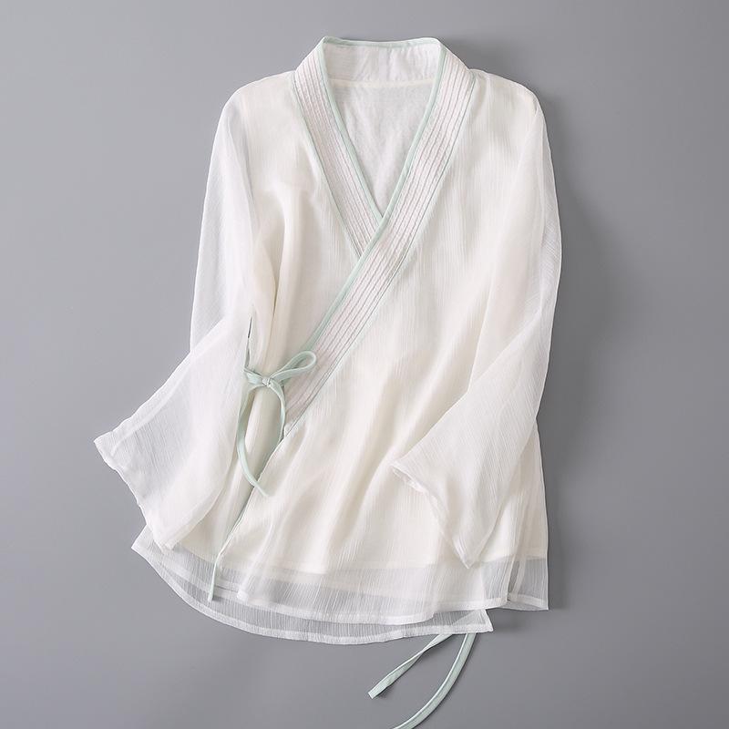 シャツ レディース チャイナ風 切り替え ゆったり 7分袖 トップス シルク混紡 涼しい おしゃれ ブラウス レトロ かわいい 普段使い2(3.0)