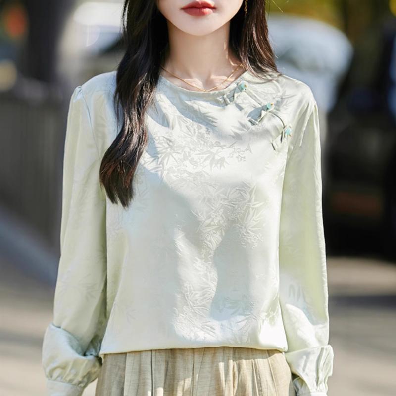 シャツ レディース 新 китай 式 チャイナ風 サテン 提花 Круглый вырез デザイン インナー トップス 古典的な Стиль ブラウス Элегантный