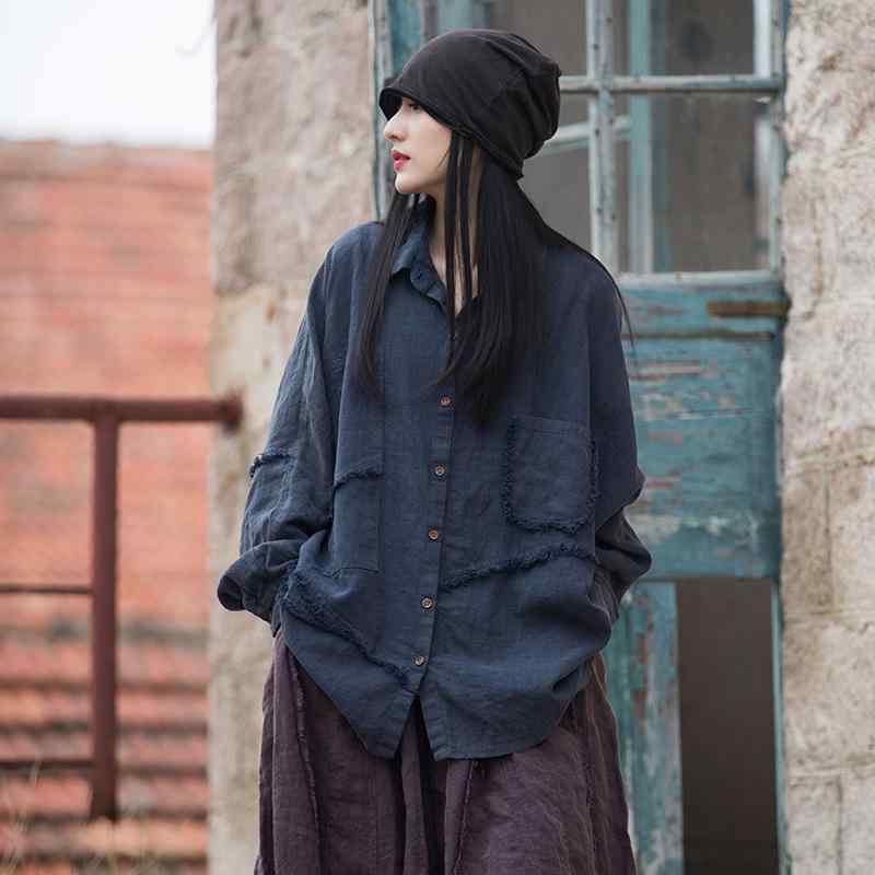 シャツ レディース 春夏 綿麻 トップス 做旧風 ゆったりサイズ 切り替え 不規則 上衣 普段使い