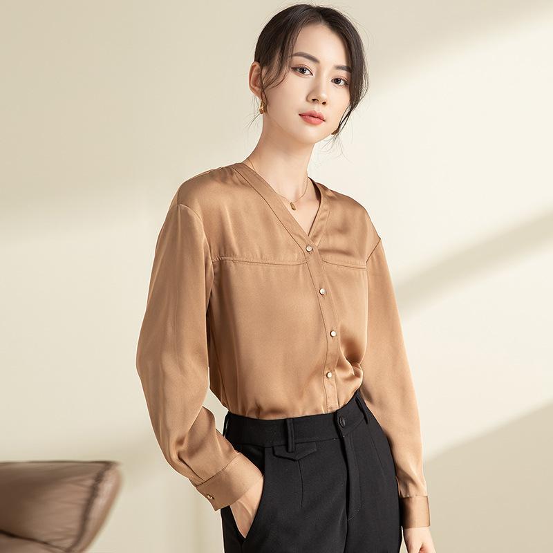 シャツ レディース 秋冬 Vネック 長袖 ゆったり 褶皱(しゅうちゃく) 段染め トップス コーヒー色 通勤 普段使い かわいい おしゃれ2