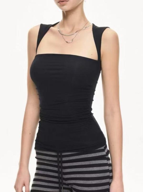 タンクトップ レディース チューブトップ スクエアネック ノースリーブ ショート丈 トップス へそ出し セクシー スタイル スリムフィット 伸縮性