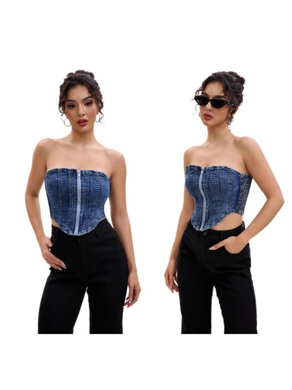 ベスト レディース デニム ノースリーブ トップス アメリカンスタイル レトロ デザイン ジップアップ チューブトップ スリム サマー