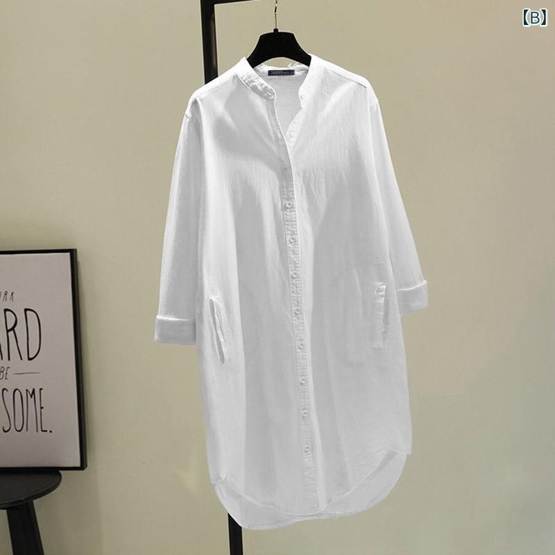 シャツ レディース 長袖 春秋 韓国風 ゆったり デザイン 重ね着風 ミドル丈 コットン