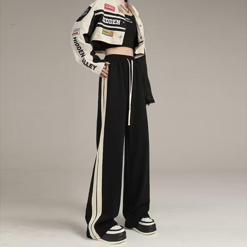 パンツ レディース 高品質 ストライプ 切り替え スポーツ ウェア カジュアル スウェットパンツ 春 秋 直筒パンツ 着痩せ ワイドレッグパンツ リラックス 普段使い