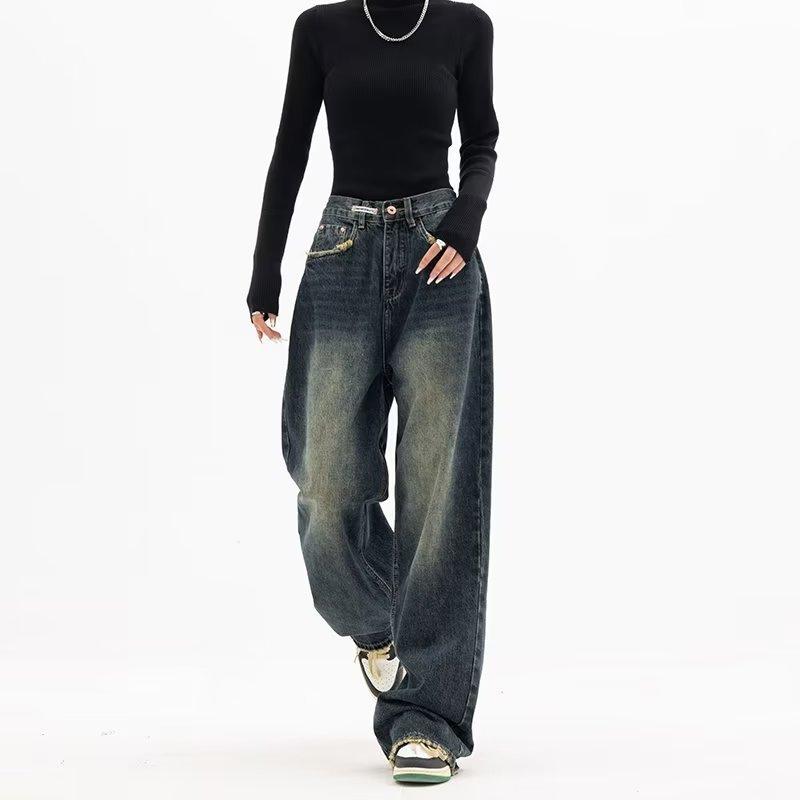 ジーンズ レディース ハイウエスト 春秋 デニムパンツ ウォッシュ加工 伸縮性 ストレート ゆったり ジーパン カジュアル