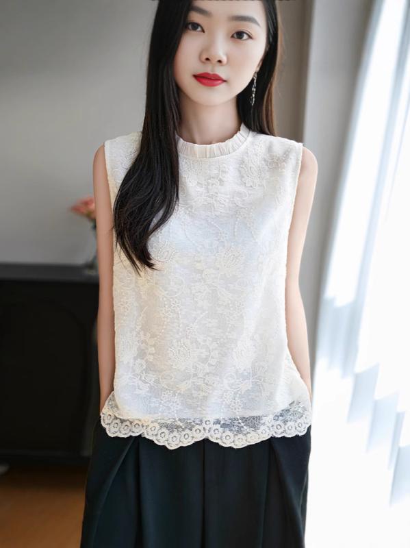 ニット レディース レース トップス ノースリーブ 新中式 木耳襟 インナー ガーリー かわいい エレガント 上品