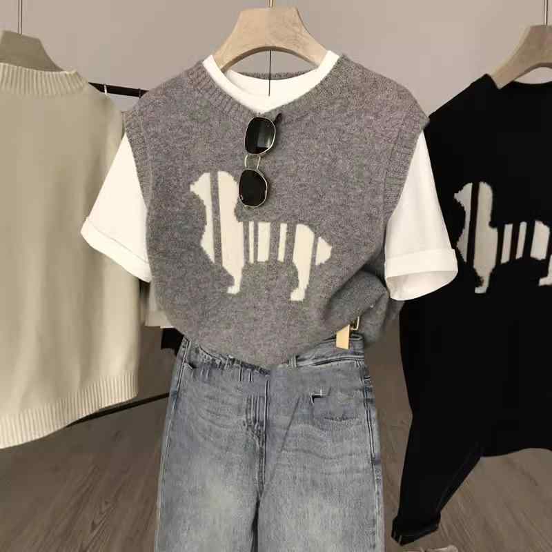 ニット レディース 秋冬 ウール ベスト 韓国風 ラウンドネック ノースリーブ チョッキ ジレ レイヤード 重ね着 あったか 防寒 カジュアル