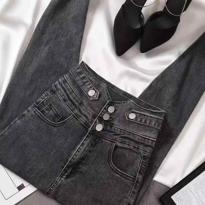 ジーンズ レディース 黒 灰色 超ハイウエスト 9分丈 スキニー デニムパンツ 2024 秋物 新作 スリム 美脚 体型カバー 着痩せ