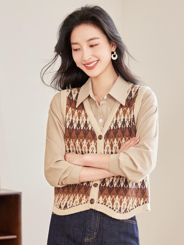 ニット レディース 秋冬 Vネック レトロ ジャカード カーディガン ベスト 菱形柄 ショート丈 ゆったり 薄手 トップス