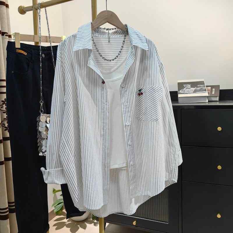 シャツ レディース 春夏 防晒 アウター カジュアル ゆったり 羽織り トップス レトロ ストライプ柄 桜桃 サクランボ 刺繍