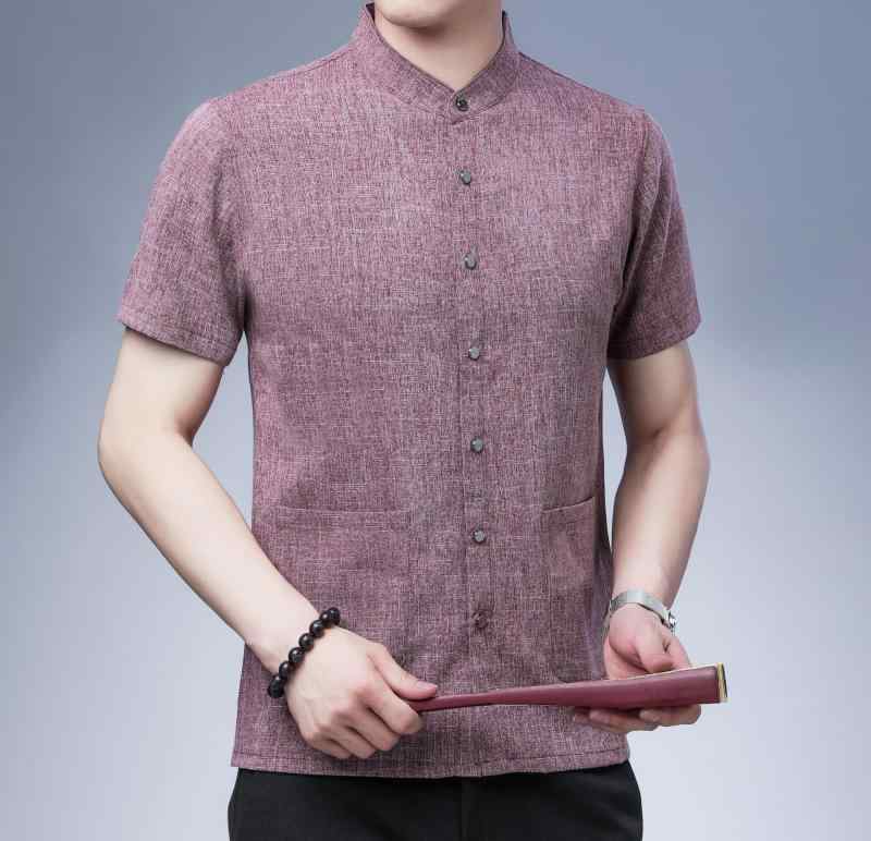 Short Sleeves （Shape Holding） - シャツ 男性用 リネン 麻 半袖 立襟 ビッグシルエット カジュアル 日常着 普段使い