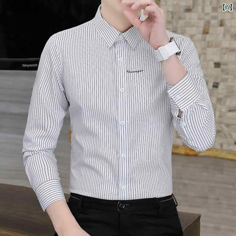 シャツ メンズ 男性用 竹繊維 ストライプ柄 長袖 ビジネス カジュアル トップス 普段使い 刺繍 おしゃれ着
