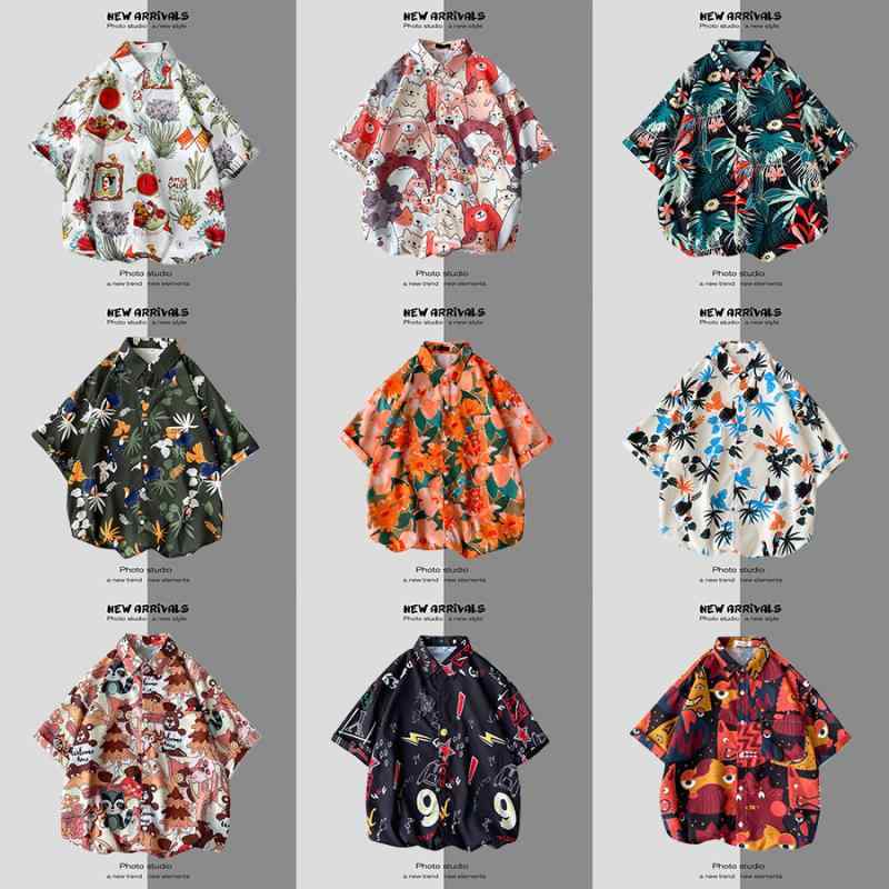 Short Sleeves （Shape Holding） - シャツ 男性用 美的 ハワイアン ビーチ 復古 港スタイル 花柄 カップル ヴィンテージ