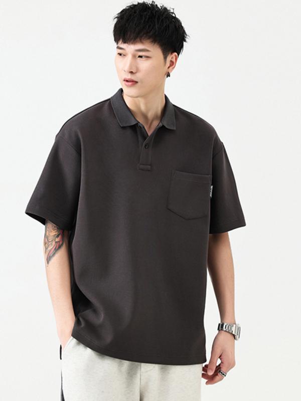 ポロシャツ メンズ 男性用 半袖 開襟 ルーズフィット 韓国風 カジュアル トップス ポケット付き スリット