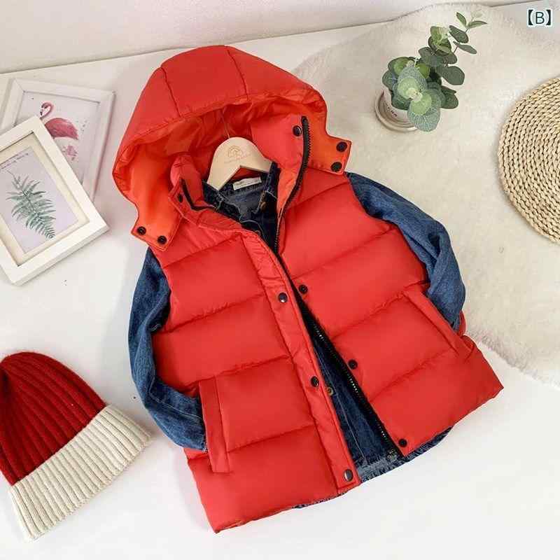 ソファポテトの子供服 ダウン風ベスト 男女兼用 秋冬 中綿 防寒 フード付き アウター チョッキ｜アングル3
