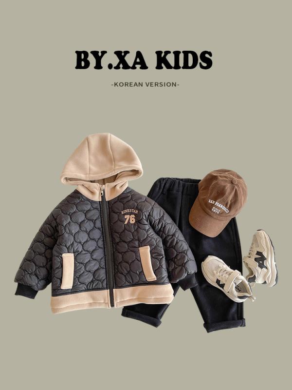Blousons, Jumpers - 子供服 秋冬 中綿入りジャケット キッズ 韓国風 刺繡 数字 フード付き 切り替え ベビー 中綿入り2