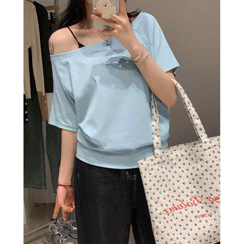 Tシャツ レディース 半袖 コットン トップス ワンショルダー ゆったり 高級感 接触冷感 サマーニット 春夏