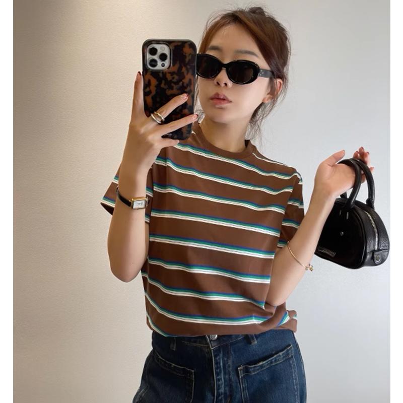 Tシャツ レディース 半袖 ストライプ トップス 夏 カジュアル 普段使い 着痩せ 細見え 配色 切り替え プルオーバー カットソー