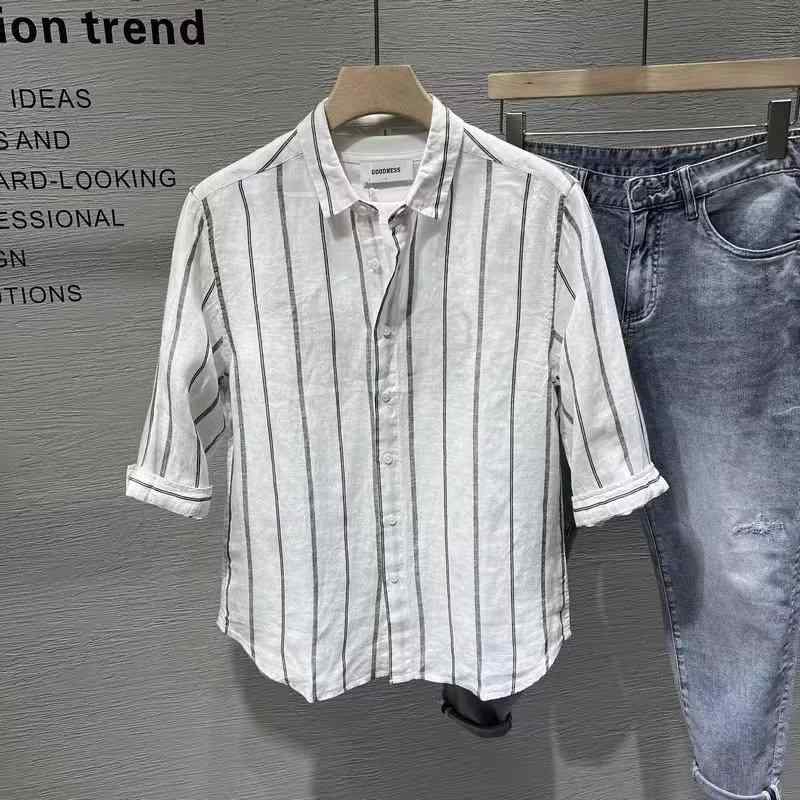 シャツ メンズ 男性用 七分袖 コットン リネン ストライプ 日本 スタイル 麻 混 ゆったり スタンドカラー カジュアル トップス