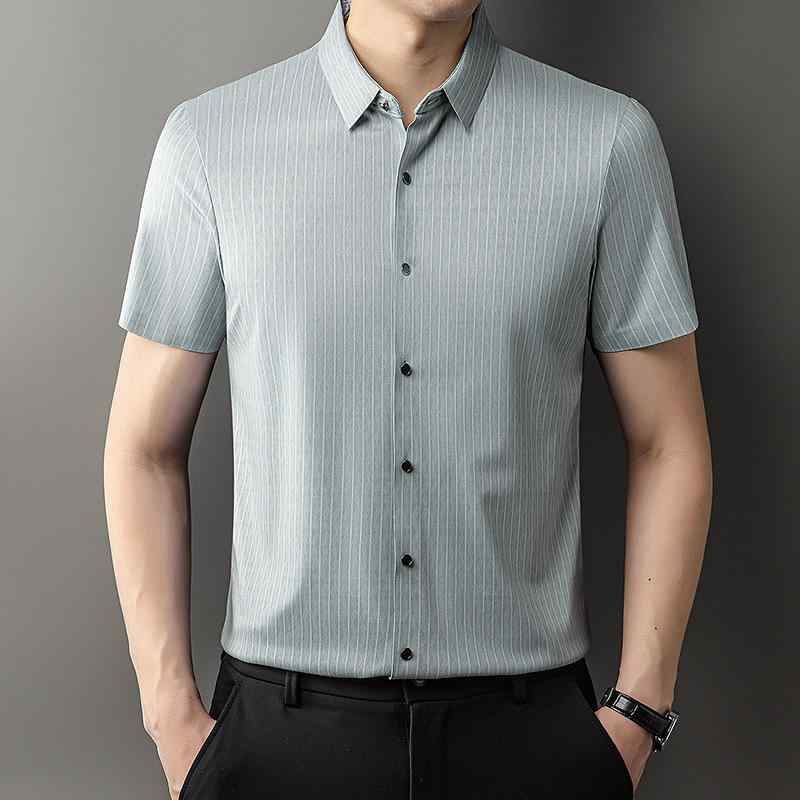 シャツ メンズ 男性用 半袖 高弾力 接触冷感 ストライプ トップス 春夏 伸縮性 宽松 ノーアイロン