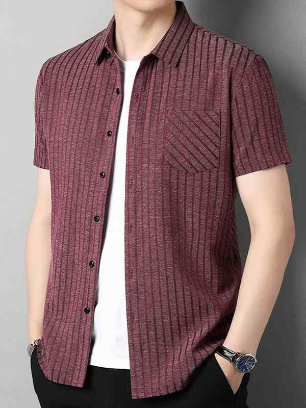 シャツ メンズ 男性用 カジュアル ストライプ柄 接触冷感 桑蚕丝 混 真 亜麻 半袖2
