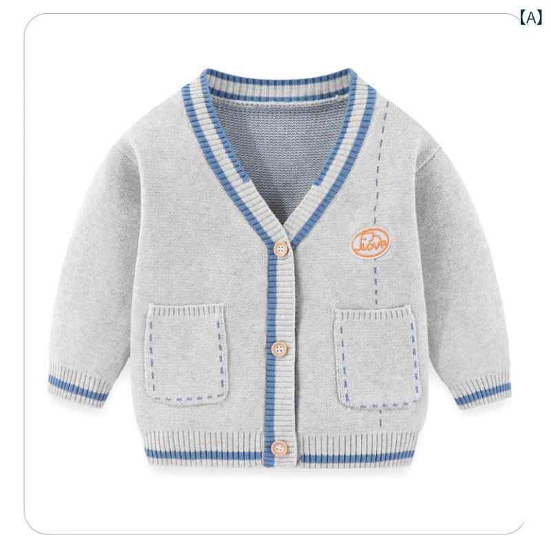 ニット 子供服 男の子 カーディガン トップス カットソー 春秋 アウター コットン 綿 ニットカーディガン ベビー こども 子ども キッズ 幼児 小学生・适用性别: 男・面料工艺: 柔软处理・风格: 学院・适合年龄段: 婴幼童(1~3岁，80~100cm)・适合季节: 春秋,冬季,春季,秋季・厚薄: 普通・袖长: 长袖・闭合款式: 单排扣・图案: 纯色,卡通,抽象・图片实拍: 实拍无模特・是否连帽: 不连帽・元素: 卡通,开衫,英伦・平车针距12~14针/3cm: 是・毛头/杂余线头是否修剪: 明显部位已修剪・面料名称: 棉・主面料成分: 棉・主面料成分含量: 94%・安全等级: A类・毛线粗细: 细毛线・领型: V字领・颜色: 灰色线条小象开衫・适合身高: 73cm,80cm,90cm,100cm,110cm・是否跨境出口专供货源: 是・产品类别: 童针织衫