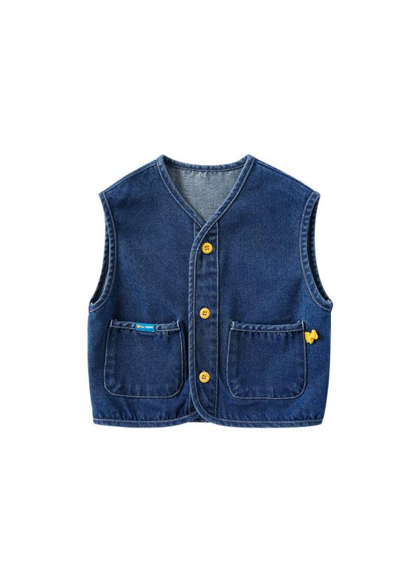 キッズ デニムベスト 子供用 ノースリーブ トップス 春秋 前開き おしゃれ かわいい 男の子 女の子 普段着 羽織り