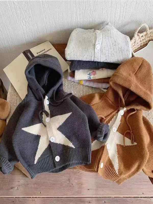 ニット カーディガン キッズ 男の子 春秋 韓国風 子供 服 ベビー 五芒星 フード付...