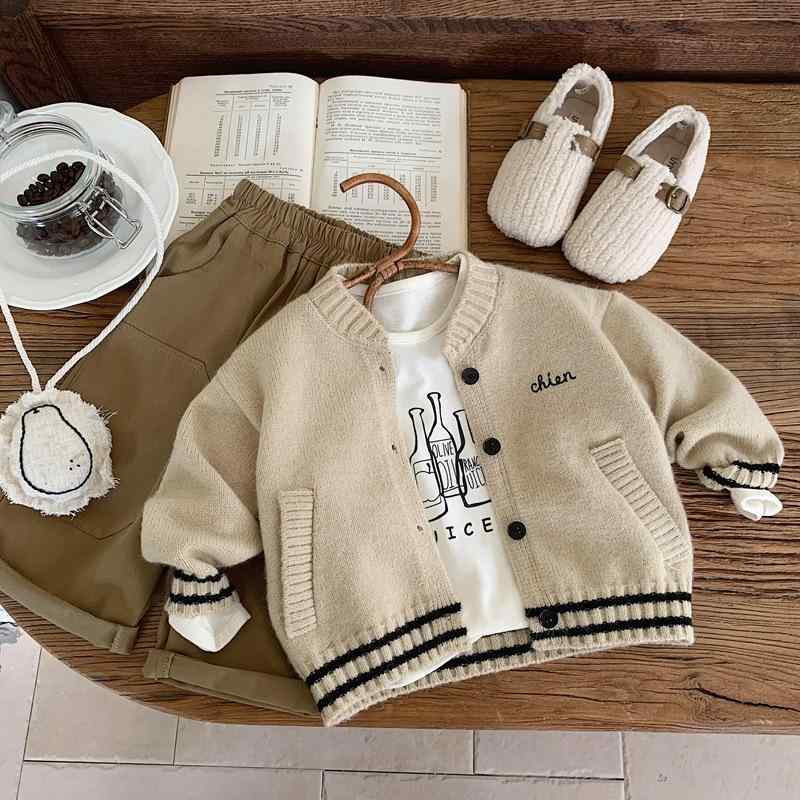 ニットカーディガン 子供 男の子 秋冬 毛糸 アウター ベージュ かっこいい 刺繍