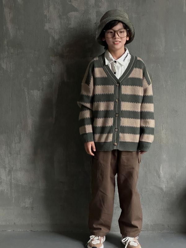 ニット キッズ 男の子 大童 韓国風 ストライプ セーター カーディガン 春秋 かわいい