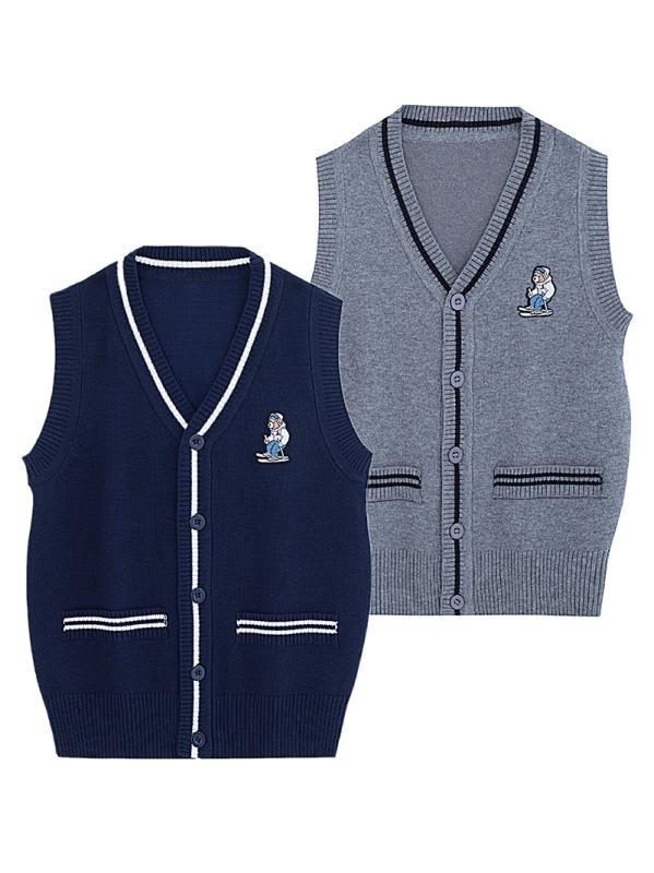ニット キッズ ベスト 春秋 Vネック 子供 刺繍 熊 女の子 男の子 ニット カーディガン フェイクポケット 毛糸2
