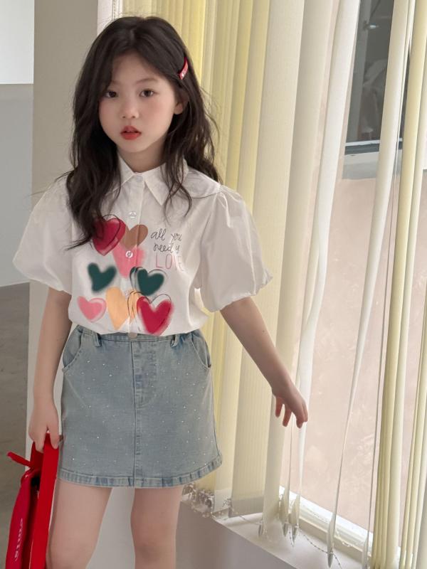 シャツ ガールズ 子供服 半袖 愛心 ハート柄 プリント 泡 パフスリーブ 襟付き トップス スウィート かわいい