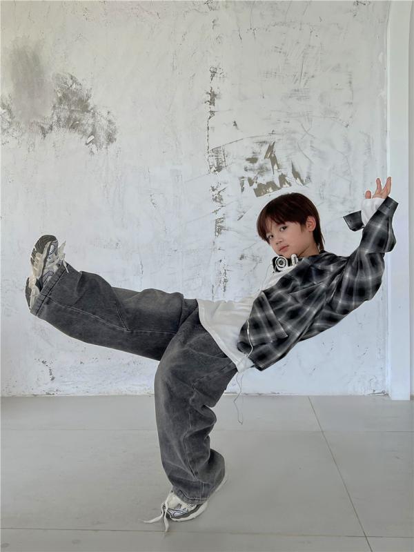 子供服 シャツ 男女兼用 韓国風 小さなダメージ加工 切りっぱなし 格子柄 コットン 水洗い かわいい おしゃれ着 春物