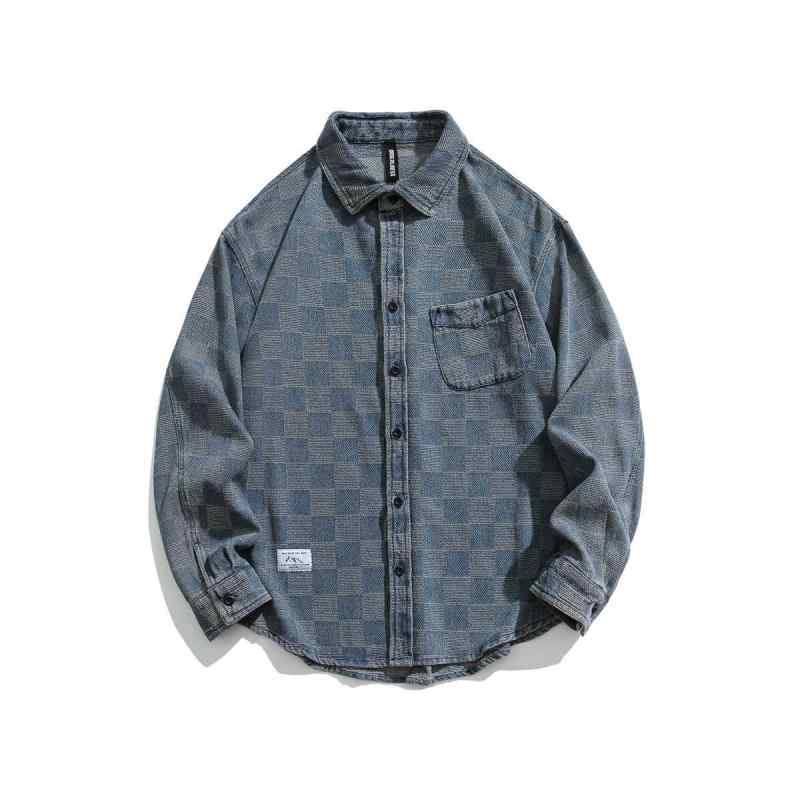 シャツ 男性用 秋冬物 長袖 格子柄 デニム レトロ 宽松 トップス カジュアル