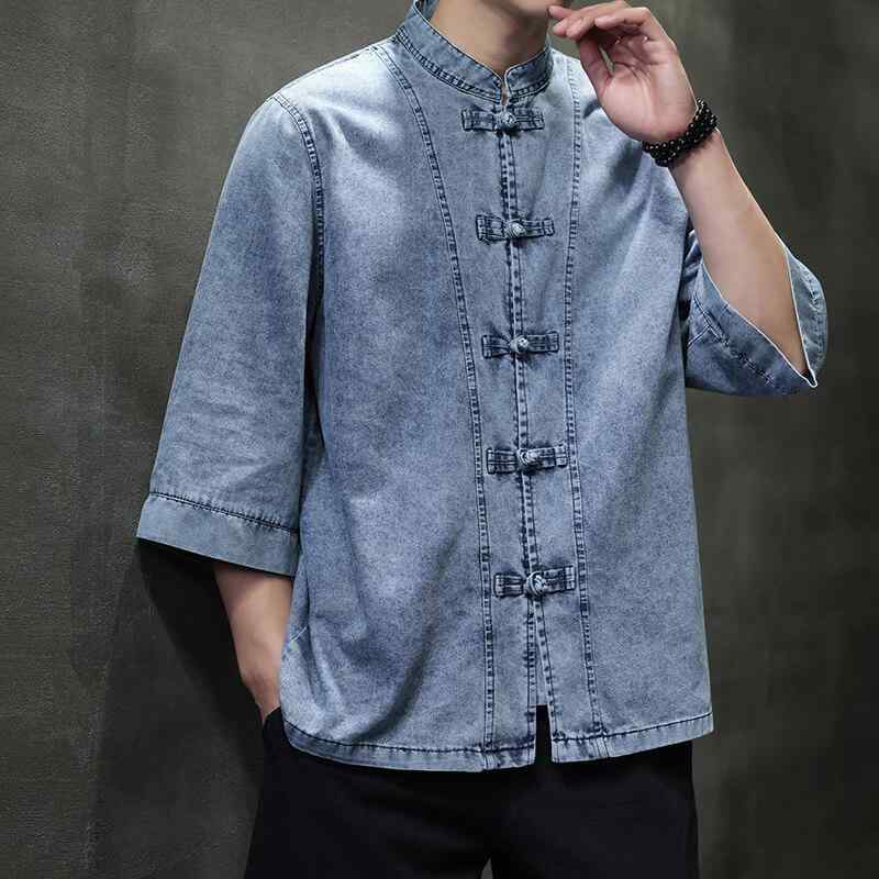 シャツ メンズ 男性用 チャイナ風 竹柄 提花 7分袖 レトロ トップス 立襟 プルオーバー 高級感