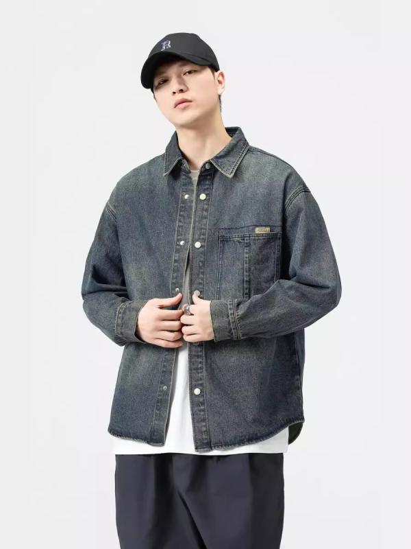 乐天商城 - シャツ メンズ 男性用 水洗い デニム トップス ゆったり ファッション アメカジ レトロ おしゃれ 普段使い ウォッシュ加工