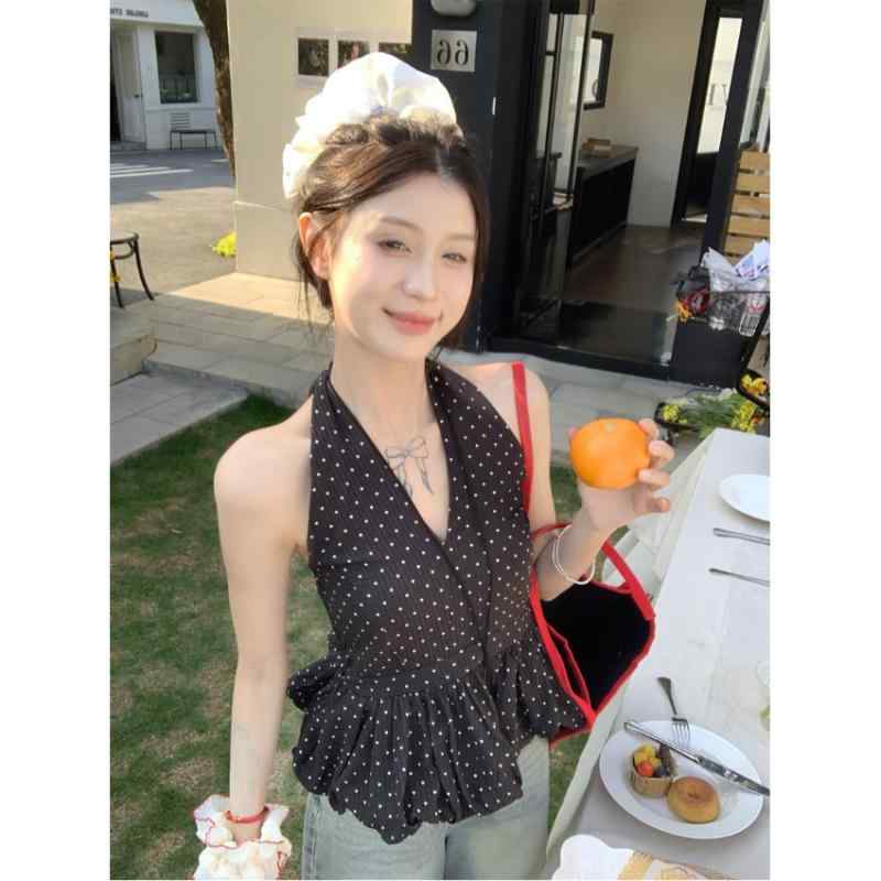 タンクトップ レディース 黒 ブラック ドット柄 水玉模様 ホルターネック Vネック スリム 修身 かわいい セクシー ギャル 春夏