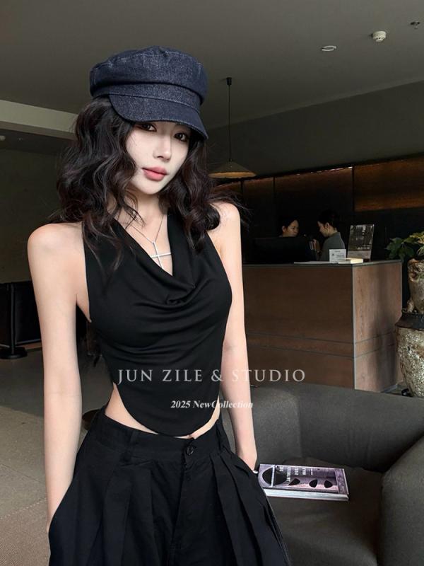 タンクトップ レディース セクシー 气质 美背 見せブラ ショート丈 キャミソール ノースリーブ トップス チョーカーネック ホルターネック