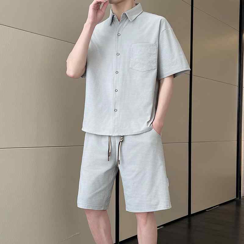 乐天商城 - シャツ メンズ 男性用 トップス 提花 接触冷感 アイスシルク 半袖 Tシャツ 襟付き シャツ セットアップ ルームウェア 普段使い 部屋着 ラッキーアイテム