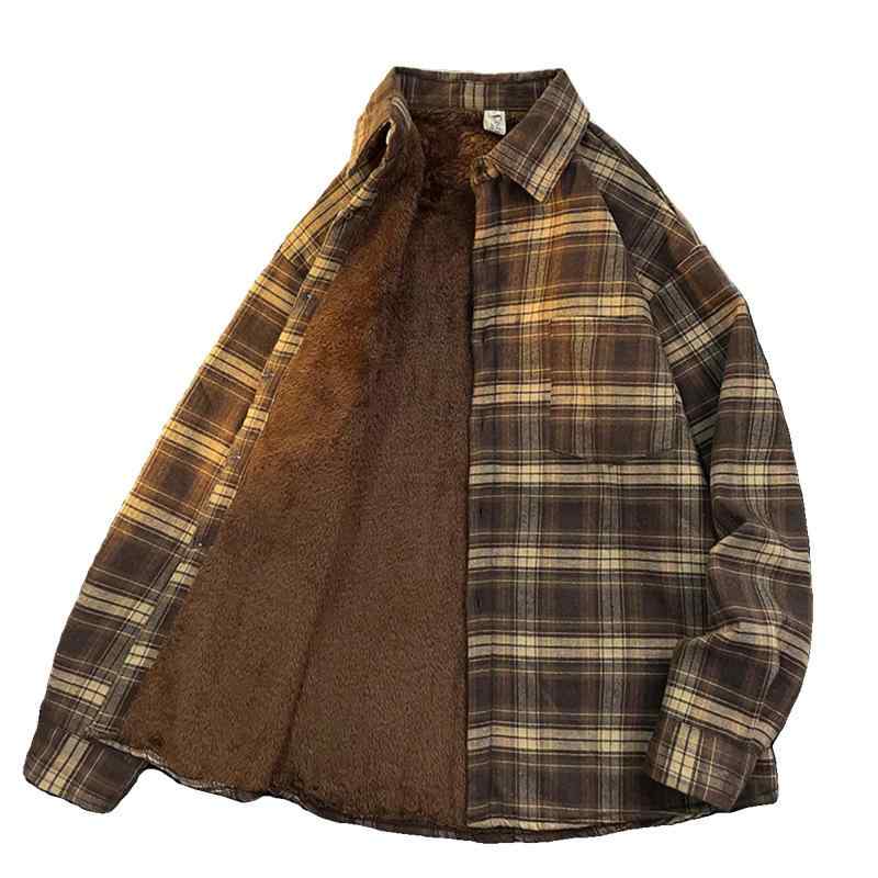 シャツ メンズ 長袖 秋冬 裏起毛 厚手 格子柄 レトロ ビンテージ 潮 ブランド ルーズ カジュアル アウター[ "・生地: 酢酸繊維", "・素材機能: 洗濯機洗い可能", "・生地カウント: 20カウント", "・スタイル: トレンド", "・種類: その他", "・デザイン: カーディガン", "・フィット: ゆったり", "・襟の形: 襟付き", "・袖丈: 長袖", "・柄: 格子柄", "・厚さ: 厚手", "・ディテール: 配色", "・対象者: 若者", "・主要生地成分: 麻", "・主要生地成分の含有量: 96%以上", "・シーン: 日常", "・色: ブラウン, ブルー", "・サイズ: M, L, XL, 2XL, 3XL", "・季節: 冬", "・加工: 防しわ加工", "・対象年齢: 大人", "・性別: 男性", "・カテゴリー: シャツ"]