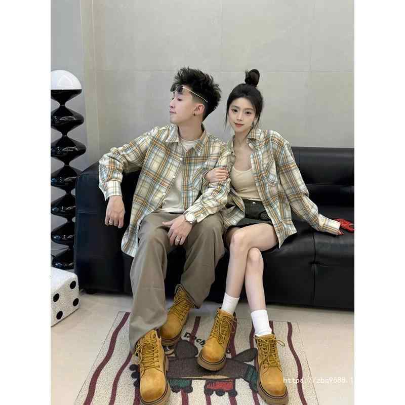 長袖衫 - シャツ 男女兼用 美式 レトロ 格子柄 薄手 羽織り 接触冷感 UVカット イエロー