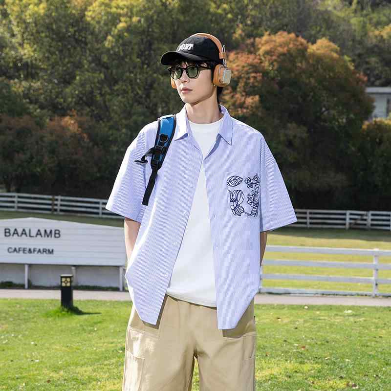 シャツ 男性用 半袖 刺繍柄 アウトドア カジュアル ゆったり 真シルク シンプル トップス 和風