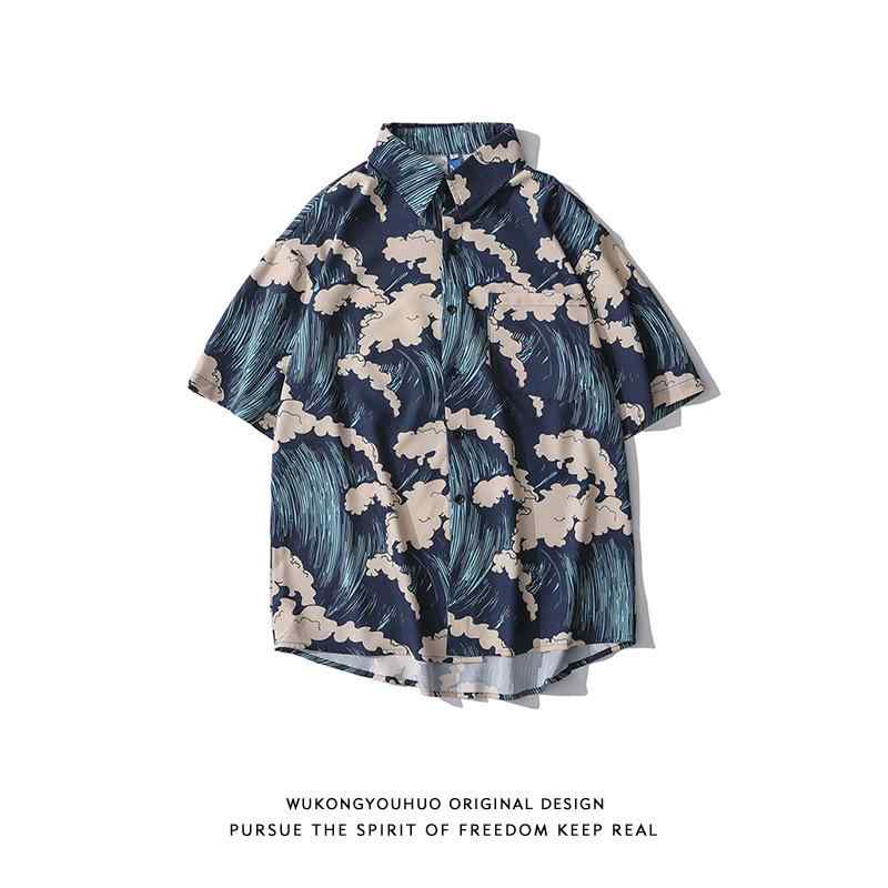 シャツ メンズ 男性用 薄手 アロハシャツ ハワイアン 海波柄 プリント ゆったり リラックス 普段使い 部屋着