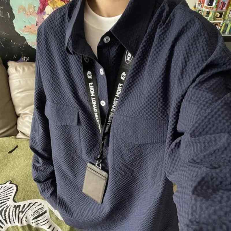 シャツ 男性用 春夏 泡 凸凹 ワーク ポケット 襟付き カジュアル ペア 男女兼用 無地 長袖 トップス