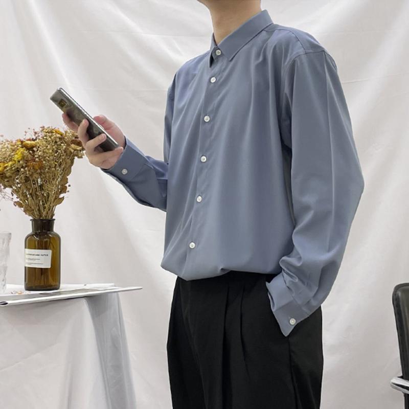 シャツ 男性用 長袖 薄手 ゆるシルエット シフォン ビジネス 通勤 カジュアル レトロ アイロン不要 ダークグレー ドレープ感