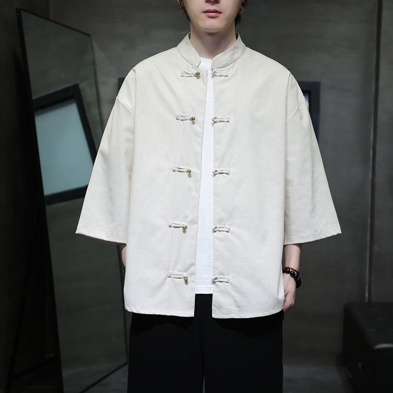 シャツ メンズ 男性用 中国風 銅盤釦 トップス 唐装風 レトロ リネン 麻 七分袖 宽松