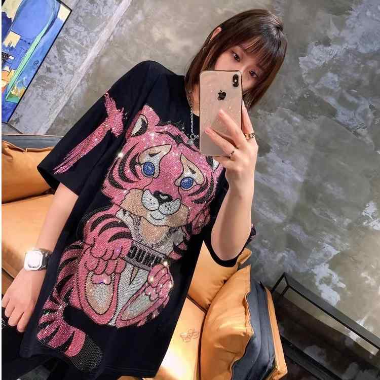 Tシャツ レディース 大きいサイズ 小老虎 プリント ブラック 黒 半袖 トップス カットソー ゆったり 体型カバー 着痩せ ラッキーアイテム 普段使い