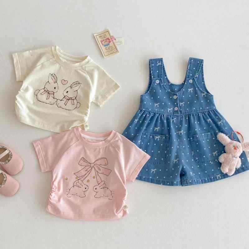 Tシャツ キッズ 女の子 子供 かわいい 蝶結び トップス 春夏 半袖 カットソー デニム サロペット パンツ 上下セット ファッション