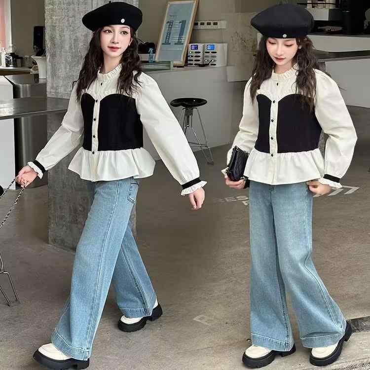 シャツ 女の子 子供服 長袖 トップス 春秋 おしゃれ かわいい フェイクレイヤード ブラウス ドールシャツ フレンチ