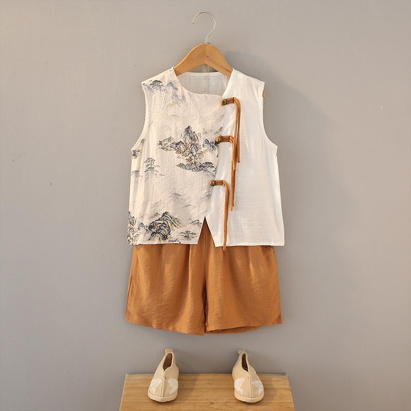 子供用 漢服 ベスト セットアップ 夏 ノースリーブ 新中国スタイル 上下セット 男の子 唐装 中国風2